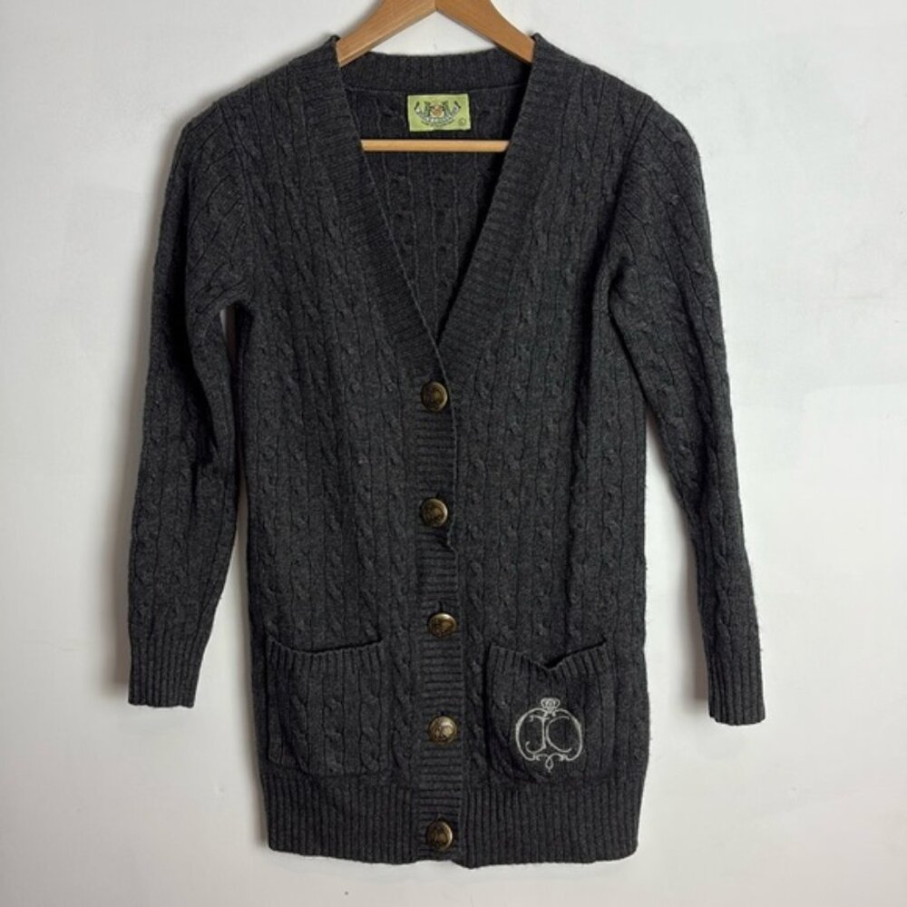 Juicy Couture Cashmere Grey Monogram Cardigan 3/4 Sleeve Size Large - Picture 1 of 10